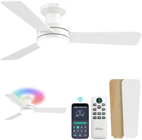 42 inch Smart Ceiling Fan with Light  Low Profile Flush Mount with Remote Control  Ultra Quiet Reversible DC Motor  3 Color Temperatures & 6 Speed Dimmable Lighting for Bedroom  Black