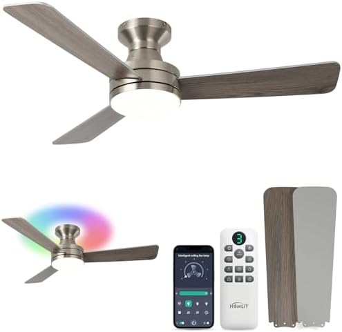 42 inch Smart Ceiling Fan with Light  Low Profile Flush Mount with Remote Control  Ultra Quiet Reversible DC Motor  3 Color Temperatures & 6 Speed Dimmable Lighting for Bedroom  Black