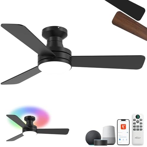 42 inch Smart Ceiling Fan with Light  Low Profile Flush Mount with Remote Control  Ultra Quiet Reversible DC Motor  3 Color Temperatures & 6 Speed Dimmable Lighting for Bedroom  Black