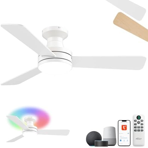 42 inch Smart Ceiling Fan with Light  Low Profile Flush Mount with Remote Control  Ultra Quiet Reversible DC Motor  3 Color Temperatures & 6 Speed Dimmable Lighting for Bedroom  Black