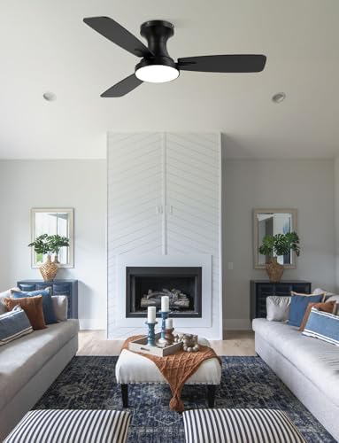 42 inch Smart Ceiling Fan with Light  Low Profile Flush Mount with Remote Control  Ultra Quiet Reversible DC Motor  3 Color Temperatures & 6 Speed Dimmable Lighting for Bedroom  Black