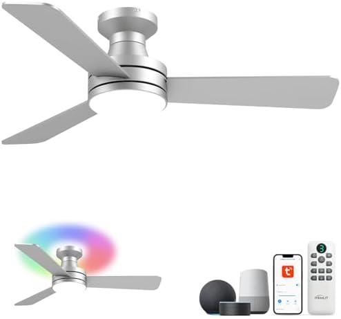 42 inch Smart Ceiling Fan with Light  Low Profile Flush Mount with Remote Control  Ultra Quiet Reversible DC Motor  3 Color Temperatures & 6 Speed Dimmable Lighting for Bedroom  Black