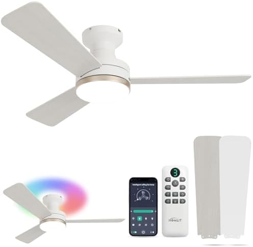 42 inch Smart Ceiling Fan with Light  Low Profile Flush Mount with Remote Control  Ultra Quiet Reversible DC Motor  3 Color Temperatures & 6 Speed Dimmable Lighting for Bedroom  Black