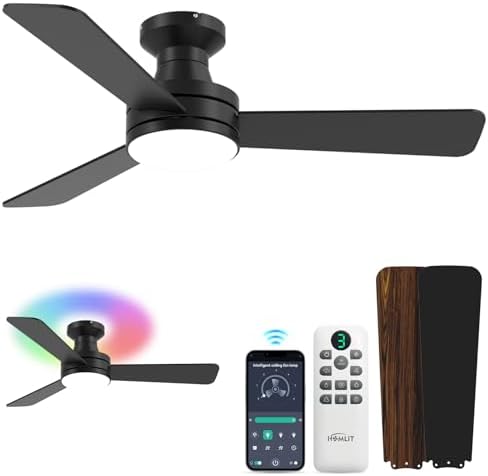 42 inch Smart Ceiling Fan with Light  Low Profile Flush Mount with Remote Control  Ultra Quiet Reversible DC Motor  3 Color Temperatures & 6 Speed Dimmable Lighting for Bedroom  Black