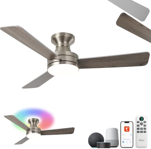42 inch Smart Ceiling Fan with Light  Low Profile Flush Mount with Remote Control  Ultra Quiet Reversible DC Motor  3 Color Temperatures & 6 Speed Dimmable Lighting for Bedroom  Black