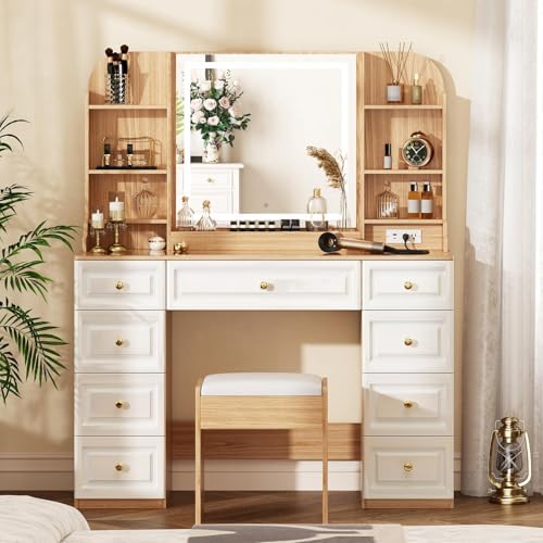 43 Makeup Vanity Desk with Mirror and Lights  & Power Outl  Glass Top Big Vanity Table with 9 Drawers& 8 Storage Shelves  Dressing Table Set with Chair for Bedroom  Oak