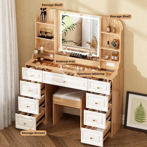 43 Makeup Vanity Desk with Mirror and Lights  & Power Outl  Glass Top Big Vanity Table with 9 Drawers& 8 Storage Shelves  Dressing Table Set with Chair for Bedroom  Oak