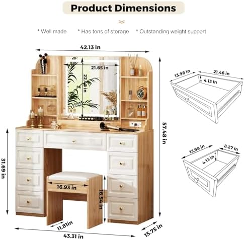 43 Makeup Vanity Desk with Mirror and Lights  & Power Outl  Glass Top Big Vanity Table with 9 Drawers& 8 Storage Shelves  Dressing Table Set with Chair for Bedroom  Oak