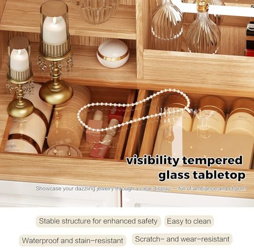 43 Makeup Vanity Desk with Mirror and Lights  & Power Outl  Glass Top Big Vanity Table with 9 Drawers& 8 Storage Shelves  Dressing Table Set with Chair for Bedroom  Oak