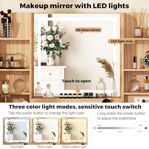 43 Makeup Vanity Desk with Mirror and Lights  & Power Outl  Glass Top Big Vanity Table with 9 Drawers& 8 Storage Shelves  Dressing Table Set with Chair for Bedroom  Oak