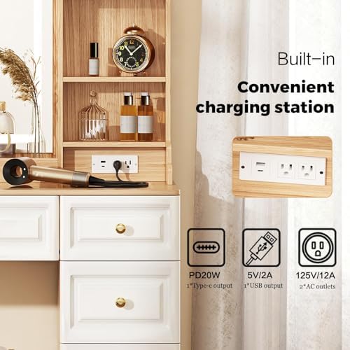 43 Makeup Vanity Desk with Mirror and Lights  & Power Outl  Glass Top Big Vanity Table with 9 Drawers& 8 Storage Shelves  Dressing Table Set with Chair for Bedroom  Oak