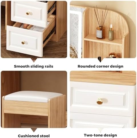 43 Makeup Vanity Desk with Mirror and Lights  & Power Outl  Glass Top Big Vanity Table with 9 Drawers& 8 Storage Shelves  Dressing Table Set with Chair for Bedroom  Oak