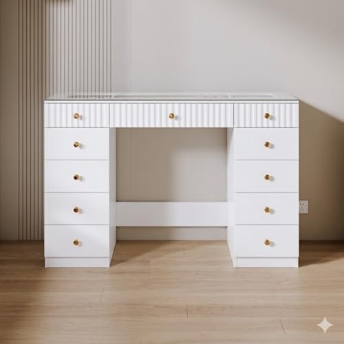 43 Makeup Vanity Desk with Mirror and Lights  & Power Outl  Glass Top Big Vanity Table with 9 Drawers& 8 Storage Shelves  Dressing Table Set with Chair for Bedroom  Oak