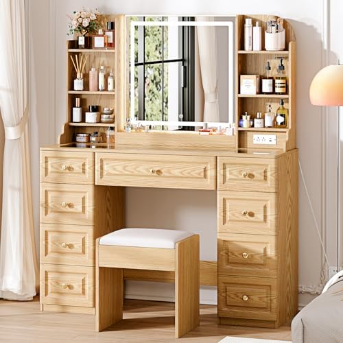 43 Makeup Vanity Desk with Mirror and Lights  & Power Outl  Glass Top Big Vanity Table with 9 Drawers& 8 Storage Shelves  Dressing Table Set with Chair for Bedroom  Oak