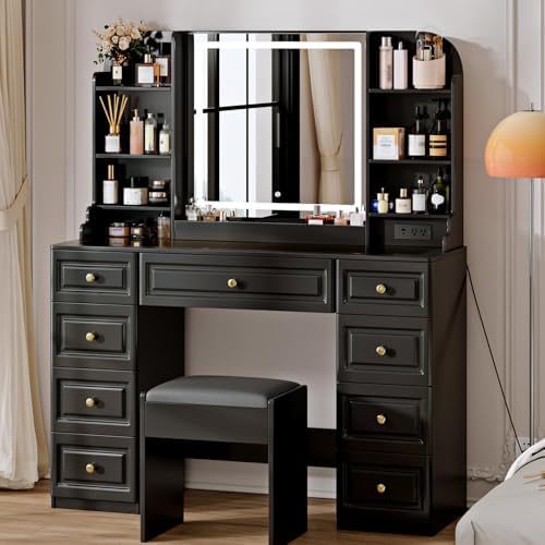 43 Makeup Vanity Desk with Mirror and Lights  & Power Outl  Glass Top Big Vanity Table with 9 Drawers& 8 Storage Shelves  Dressing Table Set with Chair for Bedroom  Oak