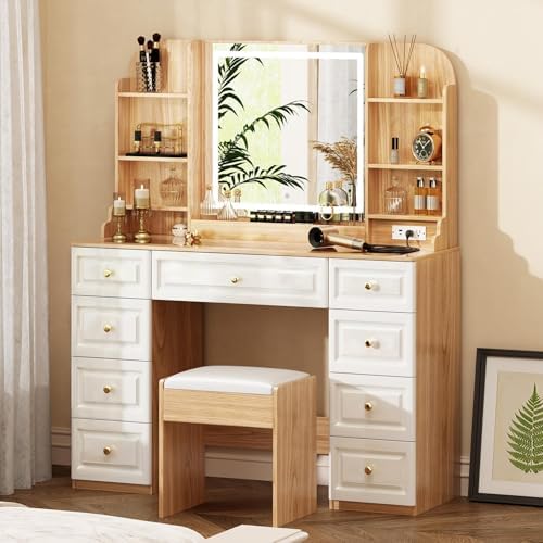 43 Makeup Vanity Desk with Mirror and Lights  & Power Outl  Glass Top Big Vanity Table with 9 Drawers& 8 Storage Shelves  Dressing Table Set with Chair for Bedroom  Oak