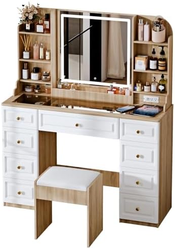 43 Makeup Vanity Desk with Mirror and Lights  & Power Outl  Glass Top Big Vanity Table with 9 Drawers& 8 Storage Shelves  Dressing Table Set with Chair for Bedroom  Oak