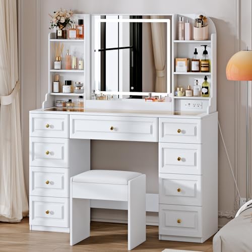 43 Makeup Vanity Desk with Mirror and Lights  & Power Outl  Glass Top Big Vanity Table with 9 Drawers& 8 Storage Shelves  Dressing Table Set with Chair for Bedroom  Oak