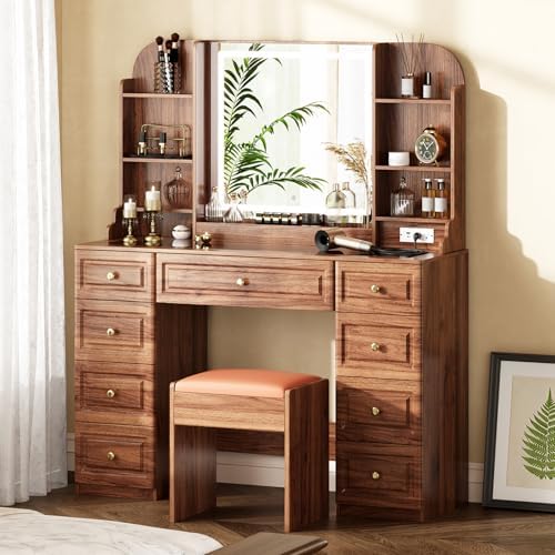 43 Makeup Vanity Desk with Mirror and Lights  & Power Outl  Glass Top Big Vanity Table with 9 Drawers& 8 Storage Shelves  Dressing Table Set with Chair for Bedroom  Oak