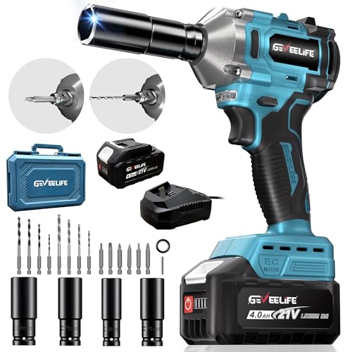 450N m/332Ft lbs Brushless Impact Wrench 1/2 Cordless Impact Gun with 4 0Ah Battery & 6 Sockets  Electric Impact Driver for Car/DIY Furniture/Lawn Mower/blue  450N