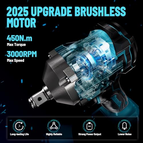 450N m/332Ft lbs Brushless Impact Wrench 1/2 Cordless Impact Gun with 4 0Ah Battery & 6 Sockets  Electric Impact Driver for Car/DIY Furniture/Lawn Mower/blue  450N