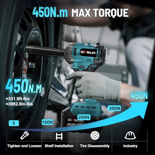 450N m/332Ft lbs Brushless Impact Wrench 1/2 Cordless Impact Gun with 4 0Ah Battery & 6 Sockets  Electric Impact Driver for Car/DIY Furniture/Lawn Mower/blue  450N