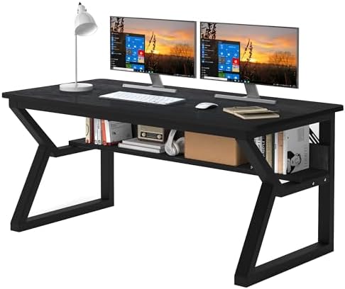47 inch Computer Desk with Storage Shelf  K Shaped Office Desk with Sturdy Metal Frame  Writing Gaming Work Desk with Waterproof Surface for Home Office & Bedroom  Black