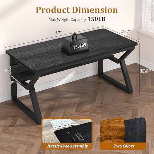 47 inch Computer Desk with Storage Shelf  K Shaped Office Desk with Sturdy Metal Frame  Writing Gaming Work Desk with Waterproof Surface for Home Office & Bedroom  Black