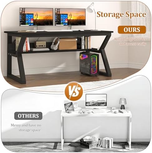 47 inch Computer Desk with Storage Shelf  K Shaped Office Desk with Sturdy Metal Frame  Writing Gaming Work Desk with Waterproof Surface for Home Office & Bedroom  Black