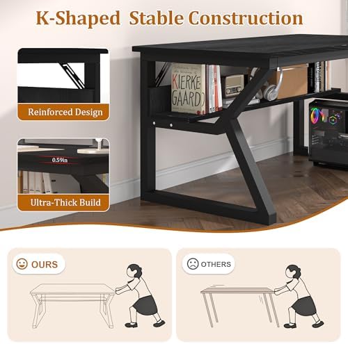 47 inch Computer Desk with Storage Shelf  K Shaped Office Desk with Sturdy Metal Frame  Writing Gaming Work Desk with Waterproof Surface for Home Office & Bedroom  Black