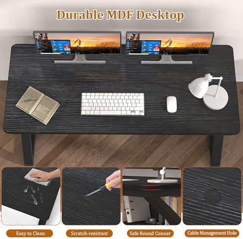 47 inch Computer Desk with Storage Shelf  K Shaped Office Desk with Sturdy Metal Frame  Writing Gaming Work Desk with Waterproof Surface for Home Office & Bedroom  Black