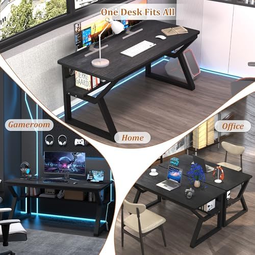 47 inch Computer Desk with Storage Shelf  K Shaped Office Desk with Sturdy Metal Frame  Writing Gaming Work Desk with Waterproof Surface for Home Office & Bedroom  Black