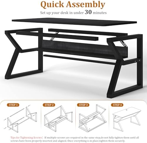 47 inch Computer Desk with Storage Shelf  K Shaped Office Desk with Sturdy Metal Frame  Writing Gaming Work Desk with Waterproof Surface for Home Office & Bedroom  Black