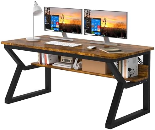 47 inch Computer Desk with Storage Shelf  K Shaped Office Desk with Sturdy Metal Frame  Writing Gaming Work Desk with Waterproof Surface for Home Office & Bedroom  Black