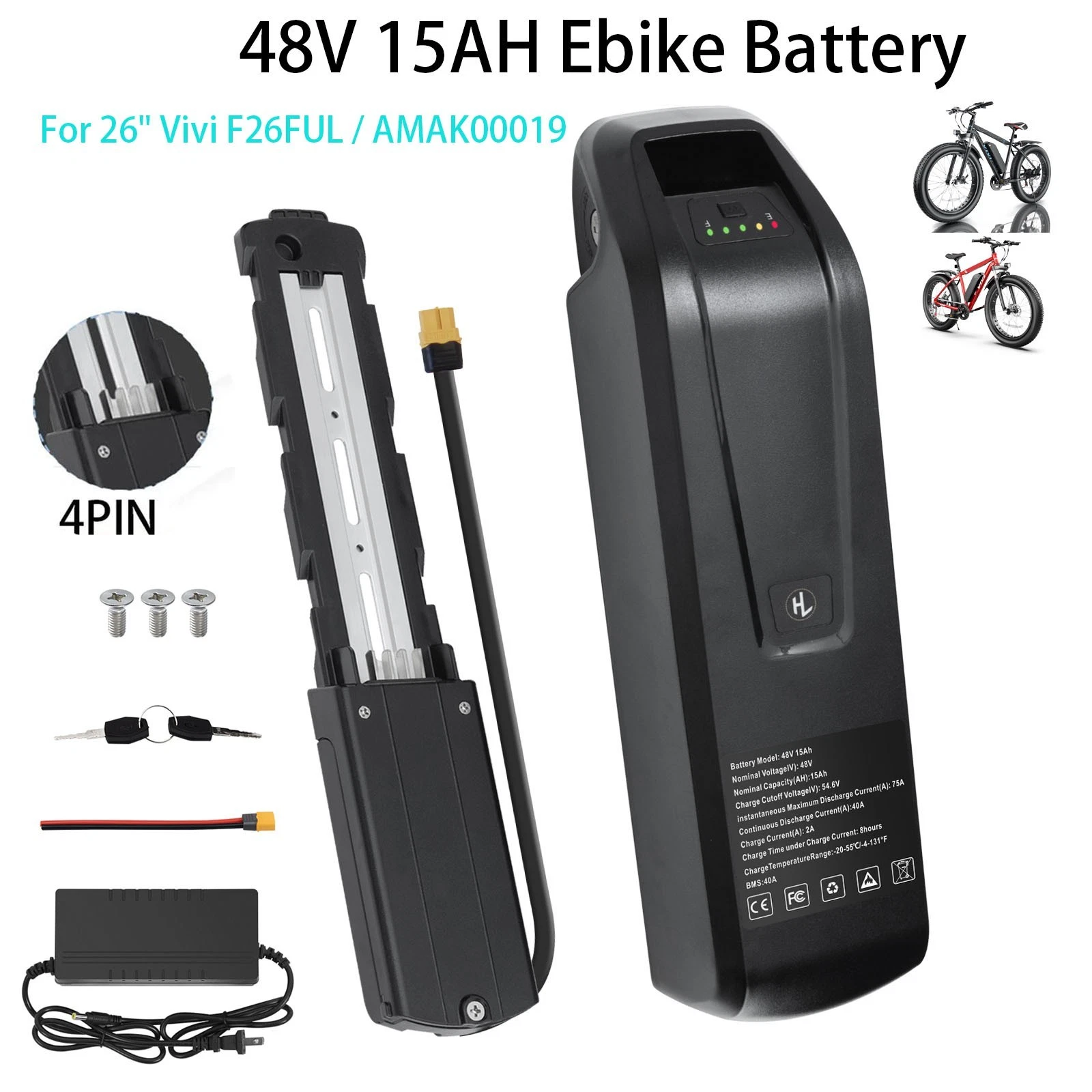 48V 15AH Lithium Ion Ebike Battery For 26" Vivi F26FUL AMAK00019 Electric Bike