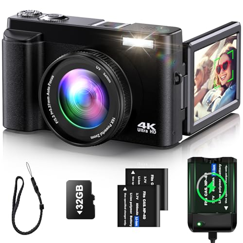 4K Digital Camera for Photography Auto Focus Vlogging Camera for YouTube Video with 3 180  Flip Screen 16X Anti Shake 4K Camera Compact Cameras with SD Card  Flash  2 Batteries & Battery Charger