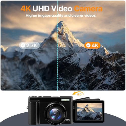 4K Digital Camera for Photography Auto Focus Vlogging Camera for YouTube Video with 3 180  Flip Screen 16X Anti Shake 4K Camera Compact Cameras with SD Card  Flash  2 Batteries & Battery Charger