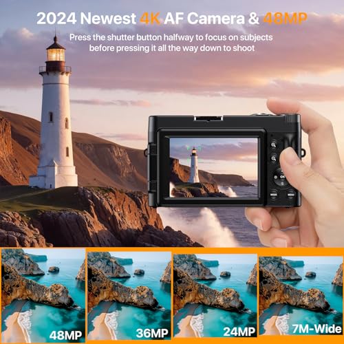 4K Digital Camera for Photography Auto Focus Vlogging Camera for YouTube Video with 3 180  Flip Screen 16X Anti Shake 4K Camera Compact Cameras with SD Card  Flash  2 Batteries & Battery Charger