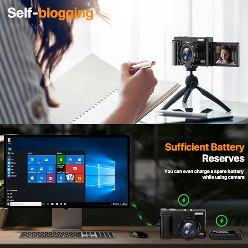 4K Digital Camera for Photography Auto Focus Vlogging Camera for YouTube Video with 3 180  Flip Screen 16X Anti Shake 4K Camera Compact Cameras with SD Card  Flash  2 Batteries & Battery Charger