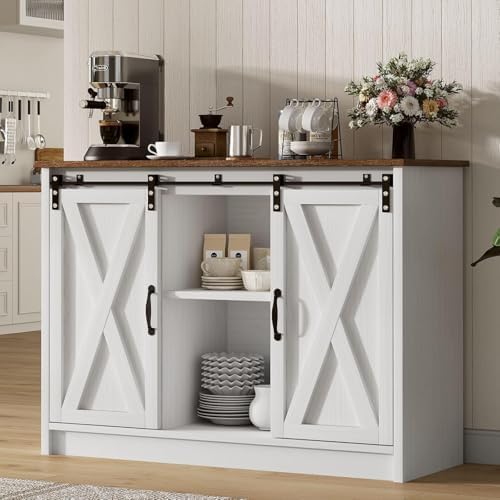 4 EVER WINNER Farmhouse Coffee Bar Cabinet  42 Buffet Cabinet with Storage and Adjustable Shelf for Small Spaces  Coffee Station Cabinet with Sliding Barn Doors for Kitchen  Dining Room  White