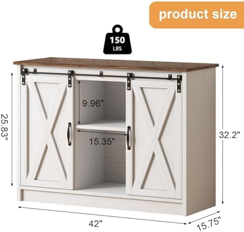 4 EVER WINNER Farmhouse Coffee Bar Cabinet  42 Buffet Cabinet with Storage and Adjustable Shelf for Small Spaces  Coffee Station Cabinet with Sliding Barn Doors for Kitchen  Dining Room  White