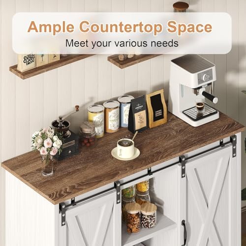 4 EVER WINNER Farmhouse Coffee Bar Cabinet  42 Buffet Cabinet with Storage and Adjustable Shelf for Small Spaces  Coffee Station Cabinet with Sliding Barn Doors for Kitchen  Dining Room  White