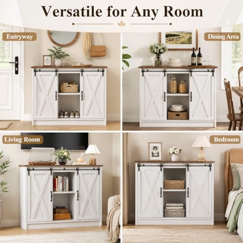 4 EVER WINNER Farmhouse Coffee Bar Cabinet  42 Buffet Cabinet with Storage and Adjustable Shelf for Small Spaces  Coffee Station Cabinet with Sliding Barn Doors for Kitchen  Dining Room  White