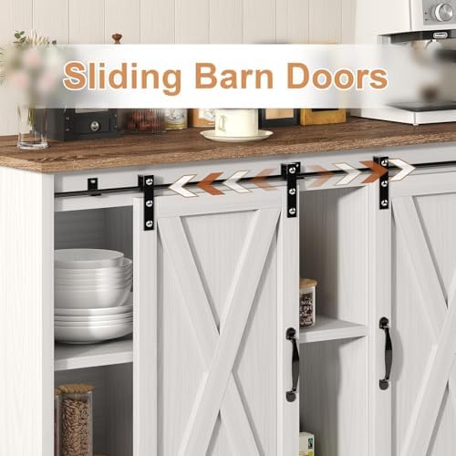 4 EVER WINNER Farmhouse Coffee Bar Cabinet  42 Buffet Cabinet with Storage and Adjustable Shelf for Small Spaces  Coffee Station Cabinet with Sliding Barn Doors for Kitchen  Dining Room  White