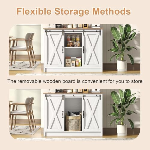 4 EVER WINNER Farmhouse Coffee Bar Cabinet  42 Buffet Cabinet with Storage and Adjustable Shelf for Small Spaces  Coffee Station Cabinet with Sliding Barn Doors for Kitchen  Dining Room  White