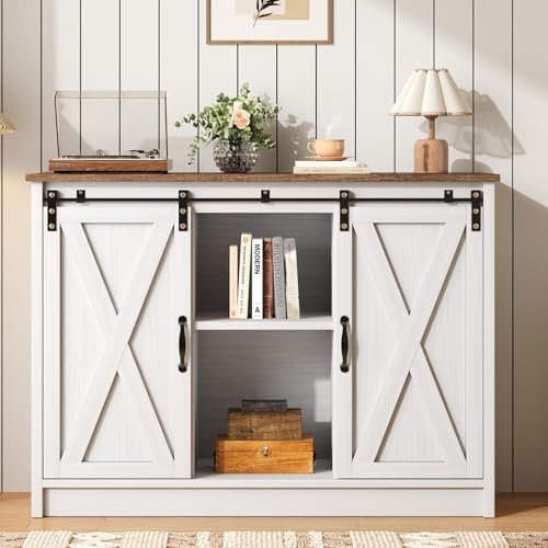 4 EVER WINNER Farmhouse Coffee Bar Cabinet  42 Buffet Cabinet with Storage and Adjustable Shelf for Small Spaces  Coffee Station Cabinet with Sliding Barn Doors for Kitchen  Dining Room  White