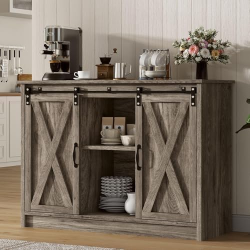4 EVER WINNER Farmhouse Coffee Bar Cabinet  42 Buffet Cabinet with Storage and Adjustable Shelf for Small Spaces  Coffee Station Cabinet with Sliding Barn Doors for Kitchen  Dining Room  White