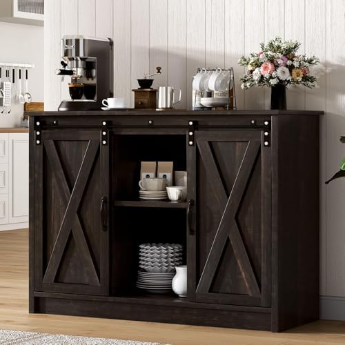 4 EVER WINNER Farmhouse Coffee Bar Cabinet  42 Buffet Cabinet with Storage and Adjustable Shelf for Small Spaces  Coffee Station Cabinet with Sliding Barn Doors for Kitchen  Dining Room  White