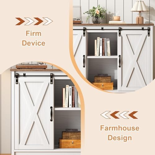 4 EVER WINNER Farmhouse Coffee Bar Cabinet  42 Buffet Cabinet with Storage and Adjustable Shelf for Small Spaces  Coffee Station Cabinet with Sliding Barn Doors for Kitchen  Dining Room  White