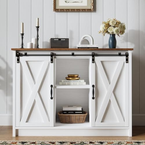 4 EVER WINNER Farmhouse Coffee Bar Cabinet  42 Buffet Cabinet with Storage and Adjustable Shelf for Small Spaces  Coffee Station Cabinet with Sliding Barn Doors for Kitchen  Dining Room  White
